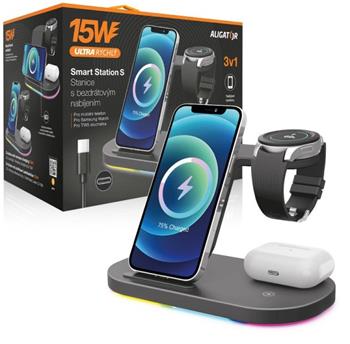 ALIGATOR bezdrátová nabíjecí stanice Smart Station S 3v1, 15W, černá
