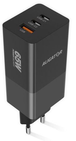 ALIGATOR GaN, PD 65W, 2xUSB-C, 1xUSB-A, černá