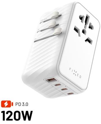 Cestovní adaptér FIXED Voyager 120W pro EU, UK a USA/AUS, s 3xUSB-C a 1xUSB výstupem, GaN, PD 120W, bílý