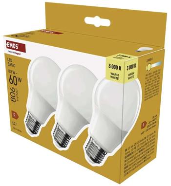 Emos LED žárovka Basic A60 / E27 / 8,8 W (60 W) / 806 lm / teplá bílá 3ks
