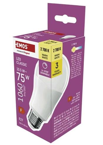 Emos LED žárovka Classic A60 / E27 / 10,5 W (75 W) / 1 060 lm / teplá bílá /krokově stmívatelná