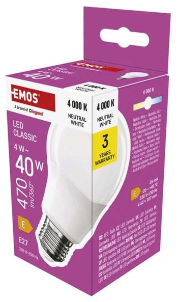 Emos LED žárovka Classic A60 / E27 / 4 W (40 W) / 470 lm / neutrální bílá