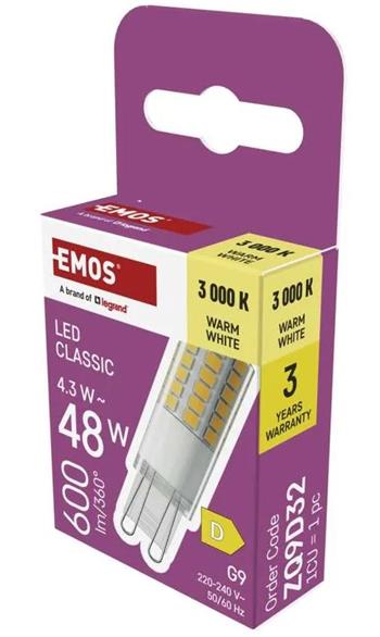 Emos LED žárovka Classic JC / G9 / 4,3 W (48 W) / 600 lm / teplá bílá ZQ9D32