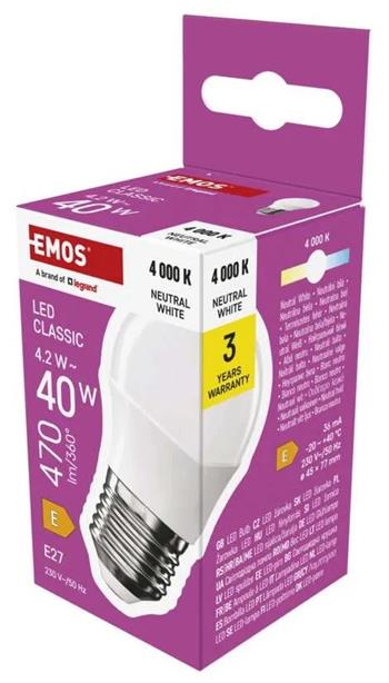 Emos LED žárovka Classic Mini Globe / E27 / 4,2 W (40 W) / 470 lm / neutrální bílá