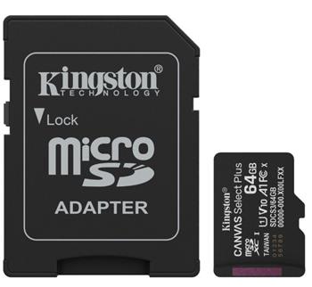 Kingston paměťová karta 64GB Canvas Select Plus Gen 3 microSDXC 150R A1 C10 Card