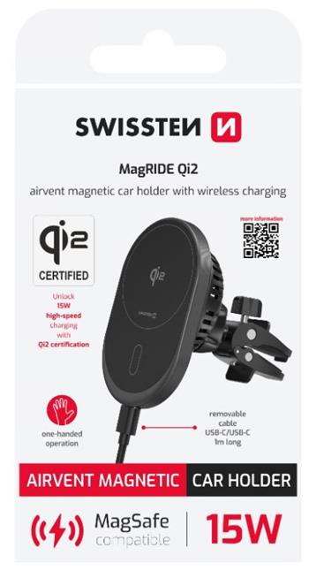 MAGNETICKÝ DRŽÁK DO VENTILACE AUTA SWISSTEN MagRide S BEZDRÁTOVÝM NABÍJENÍM Qi2 15W (kompatibilní s MagSafe)