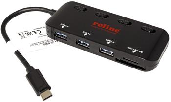 Roline Multiport adaptér USB 5Gbps, USB C(M) -> čtečka karet + Hub 3x USB3.0 A(F), černý