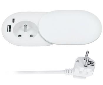 Solight PP124CW-PD20 1z + USB A+C 20W PD vestavná zásuvka s posuvným víčkem, 2m, matná bílá