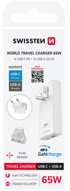 Swissten cestovní adaptér GaN USB-C + USB-A 65W vyměnitelné vidlice (US, EU, UK) bílý