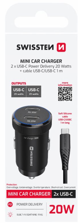 SWISSTEN CL ADAPTÉR 2x USB-C PD, 20W ČERNÝ + KABEL USB-C / USB-C, 1 M