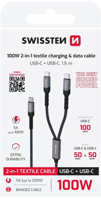 Swissten nabíjecí kabel 2v1 100W USB-C / 2x USB-C 1,5 M černý
