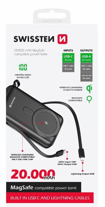 SWISSTEN POWER BANK 20000 mAh PD 20W S INTEGROVANÝMI KABELY USB-C A LIGHTNING (kompatibilní s MagSafe)