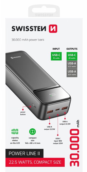 Swissten Power bank 30000 mAh POWER LINE II - černá