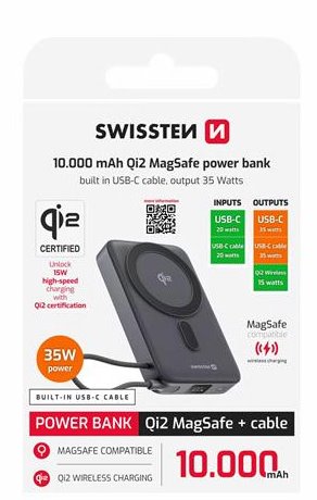 SWISSTEN POWER BANK MagSafe Qi2 15W, 10000 mAh S INTEGROVANÝM KABELEM USB-C ČERNÁ