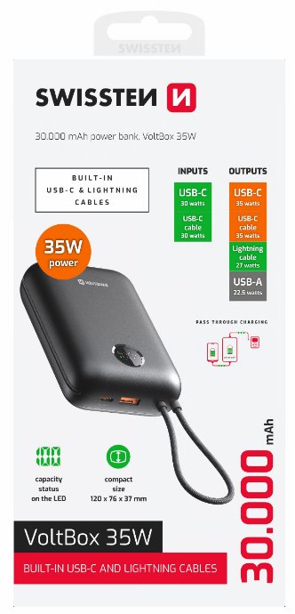 Swissten Power bank VOLTBOX 35W 30000 mAh s integrovanými kabely - USB-C, A, Lightning / černá
