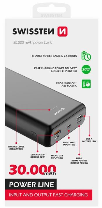 SWISSTEN POWER LINE POWER BANK 30000 mAh 20W POWER DELIVERY BLACK