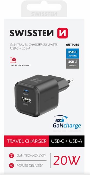 SWISSTEN SÍŤOVÝ ADAPTÉR GaN 1x USB-C 20W PD + 1x USB-A 18W QC ČERNÝ