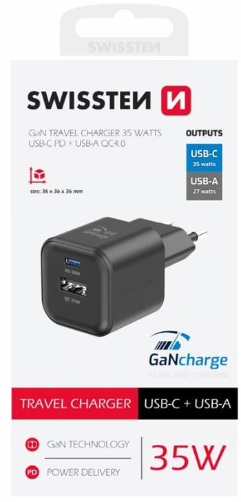 SWISSTEN SÍŤOVÝ ADAPTÉR GaN 1x USB-C 35W PD + 1x USB-A 27W QC ČERNÝ