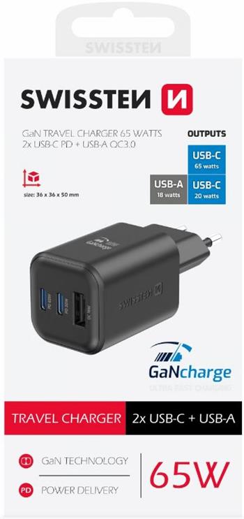 SWISSTEN SÍŤOVÝ ADAPTÉR GaN 2x USB-C 65W PD + 1x USB-A 18W QC ČERNÝ