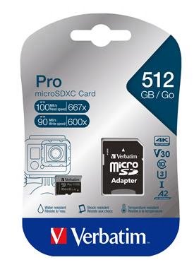 VERBATIM Pro microSDXC 512GB UHS-I V30 U3 + SD adaptér