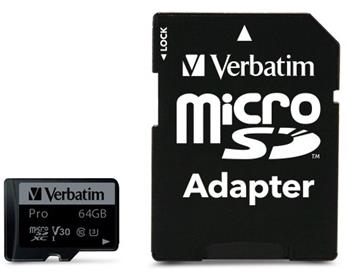 VERBATIM Pro microSDXC 64GB UHS-I V30 U3 + SD adaptér